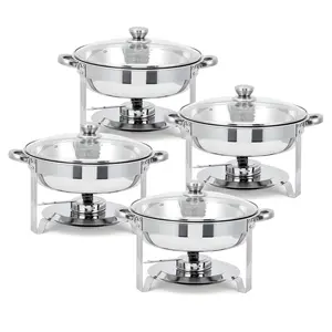 GAOMON 5QT Round Chafing Dish Set (4 Pack) - Stainless Steel Buffet Set with Glass Lids, Fuel Holder & Food Pans - Perfect for Weddings & Parties Bakeware Sturdy