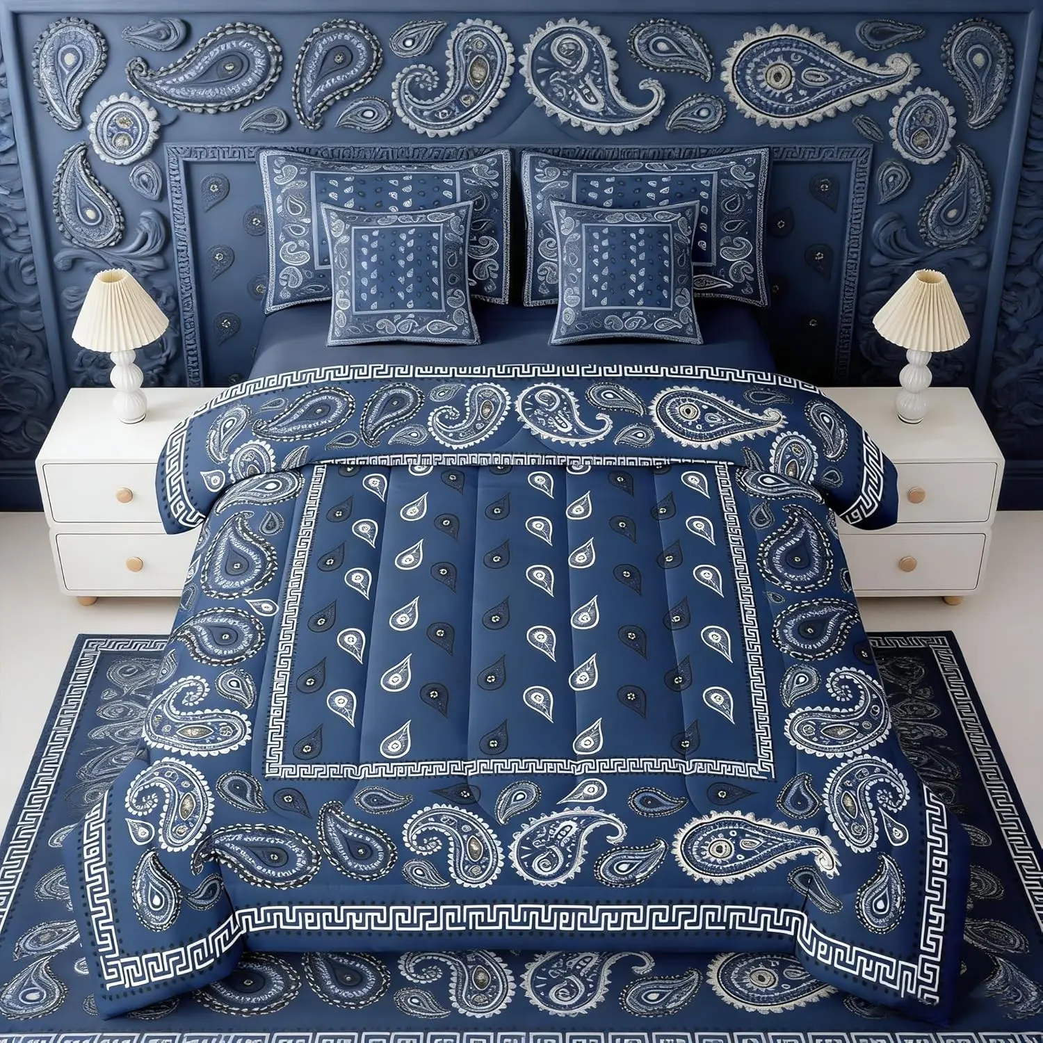 Navy Blue Bandana 7pcs Comforter Set,Boho Paisley Bandanas Bedding Set for All Season,Bohemian Chic Floral Bed in A Bag with Comforter,Sheets and Pillowcases,Women Man Room Decor
