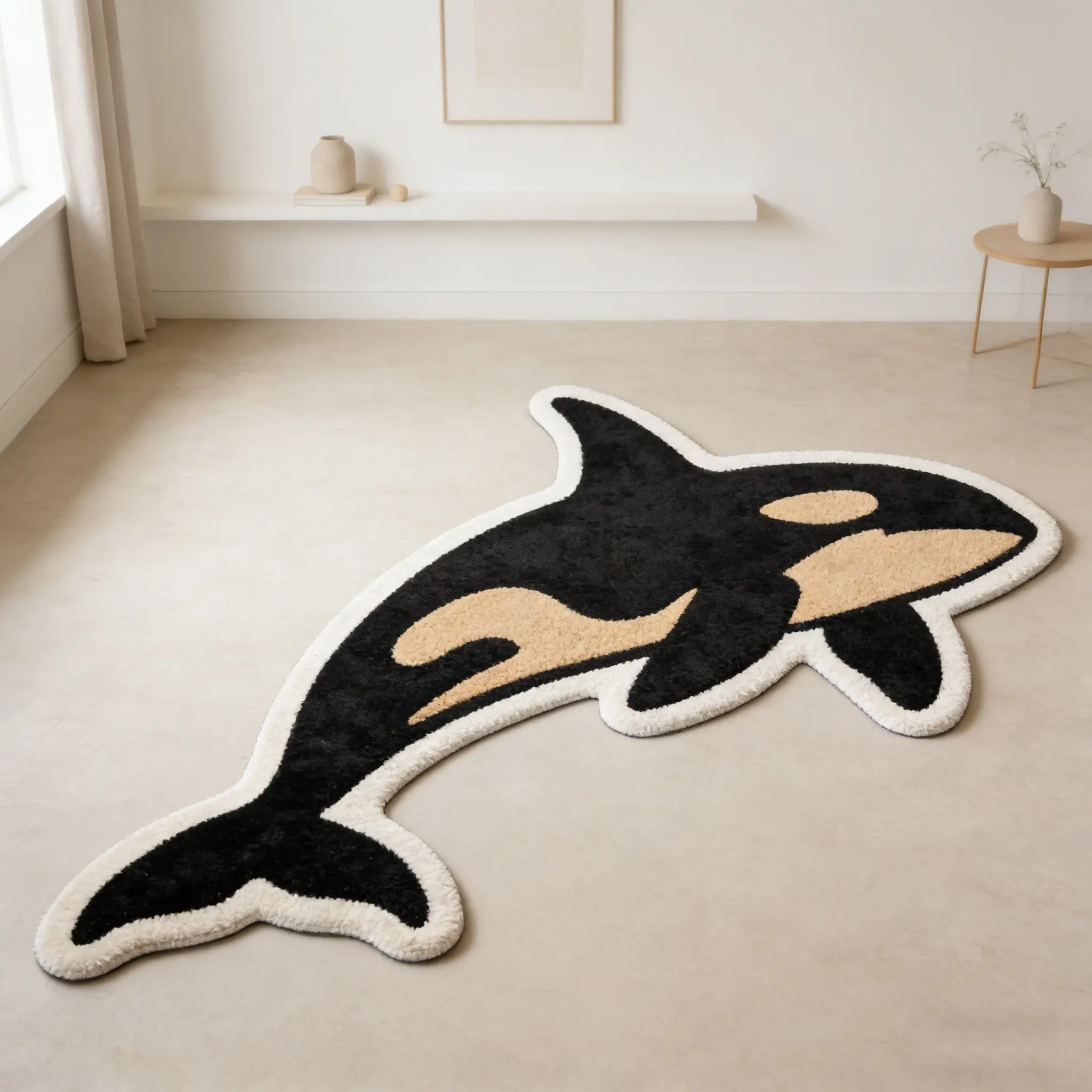 Orca shaped irregular carpet, black apricot contrasting velvet floor mat, living room anti slip and wear-resistant foot mat, ocean style space decoration mat, suitable for ins style home decoration, Home Decorative Rugs, Non Slip Rugs