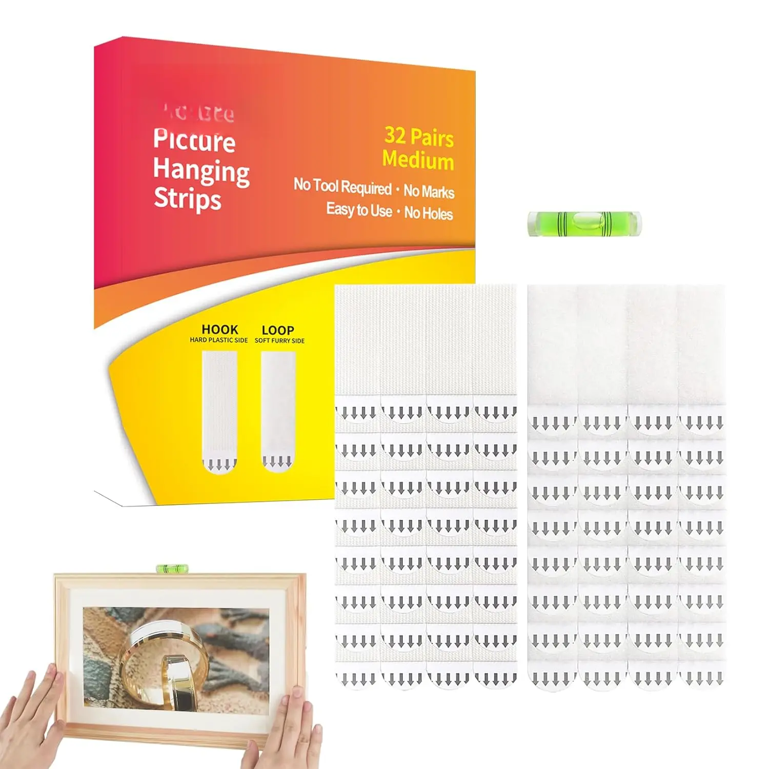 32-Pairs(64 Strips) Medium Picture Hanging Strips Heavy Duty,  Free Picture Hangers, Hook and Loop Tape, Removable Adhesive Strips for Frame Hanging, Christmas Decorations, and Living Spaces.