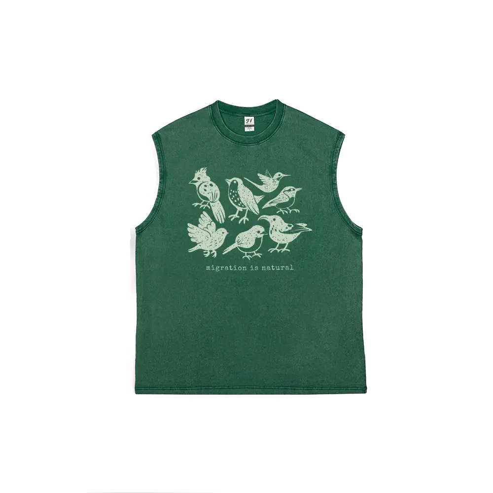 Men's Vintage Washed Sleeveless Tank Top - 100% Cotton Relaxed Casual Fit, "Migration Is Natural" Graphic Print, Distressed Retro Worn-In Vibe, Lightweight Breathable, Soft Cotton Broken-In Feel, Streetwear, Pairs with Jeans or Shorts