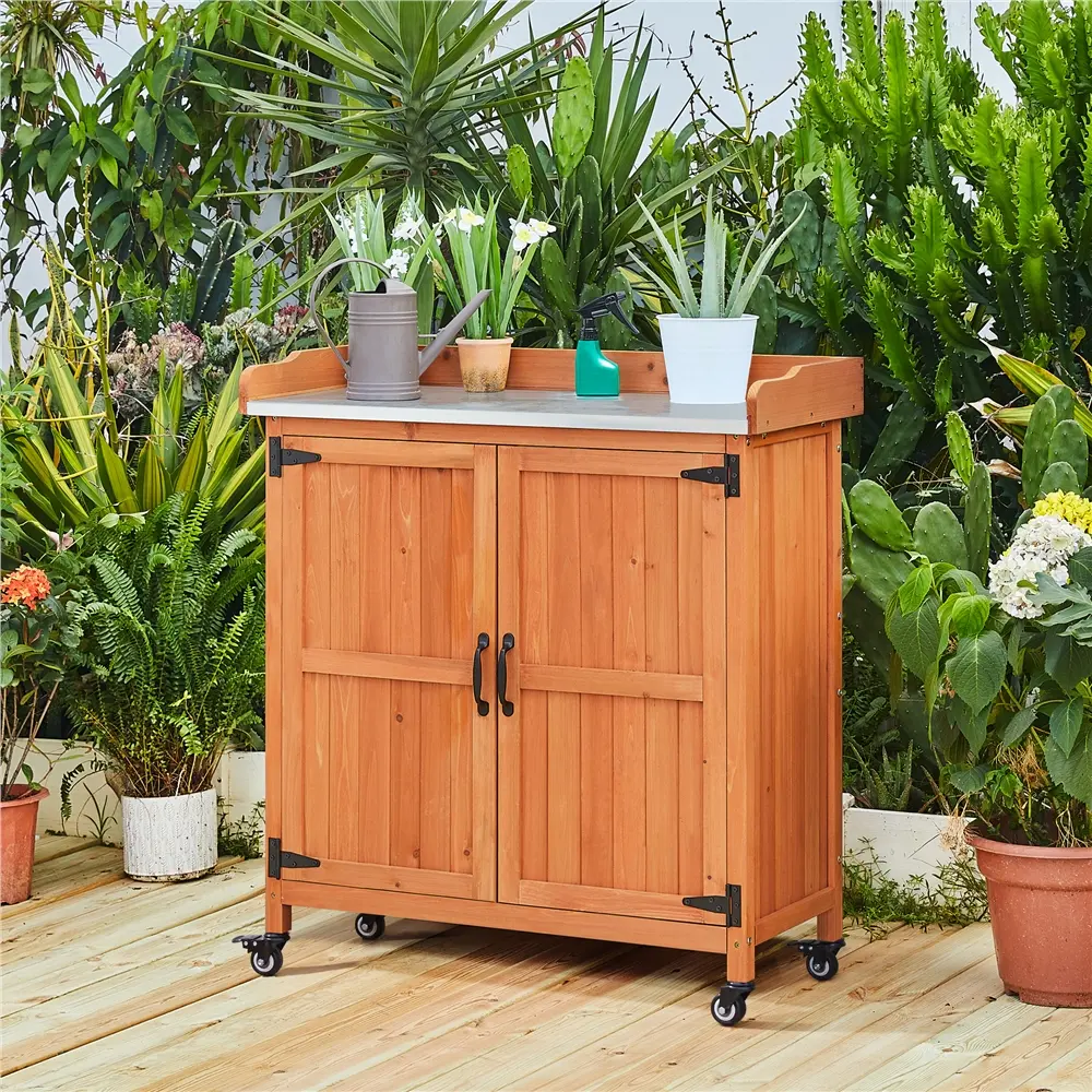 【4 Castors】Yaheetech Garden Potting Bench Table with 2 Lockable Castors, Rolling Outdoor Garden Wooden Storage Cabinet, Work Bench Metal Tabletop, Solid Wood Planting Bench with Cabinet
