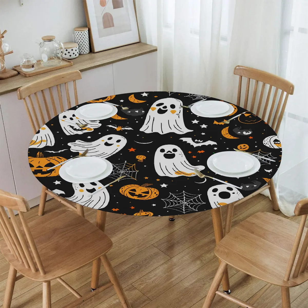Halloween Ghost Elastic-Edge Fitted Round Tablecloth - Polyester Smooth Fabric, Waterproof, Heat-Resistant Kitchen Linen, 40-44 in Snug Fit Table Cover for Halloween Decorations, Party Use
