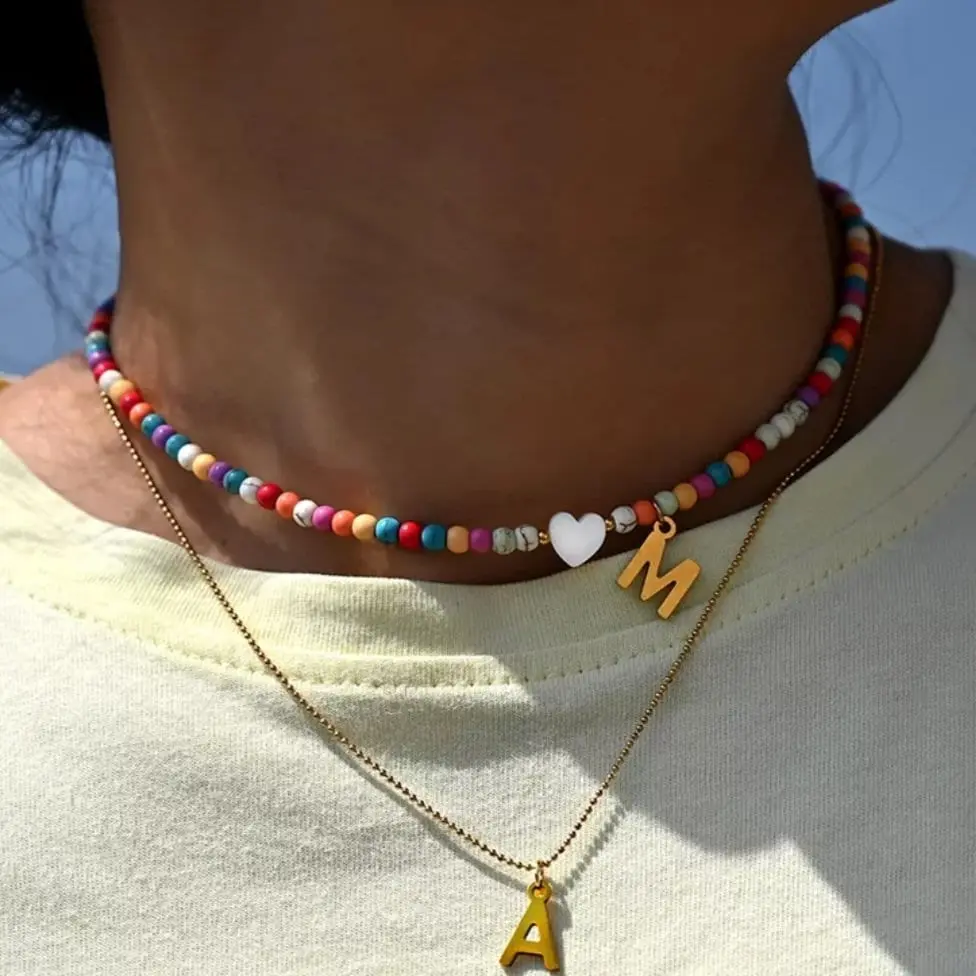 OG Colorful Bead Block Initial Necklace - Elegant Design, Colorful Beads, Ideal for Everyday Wear