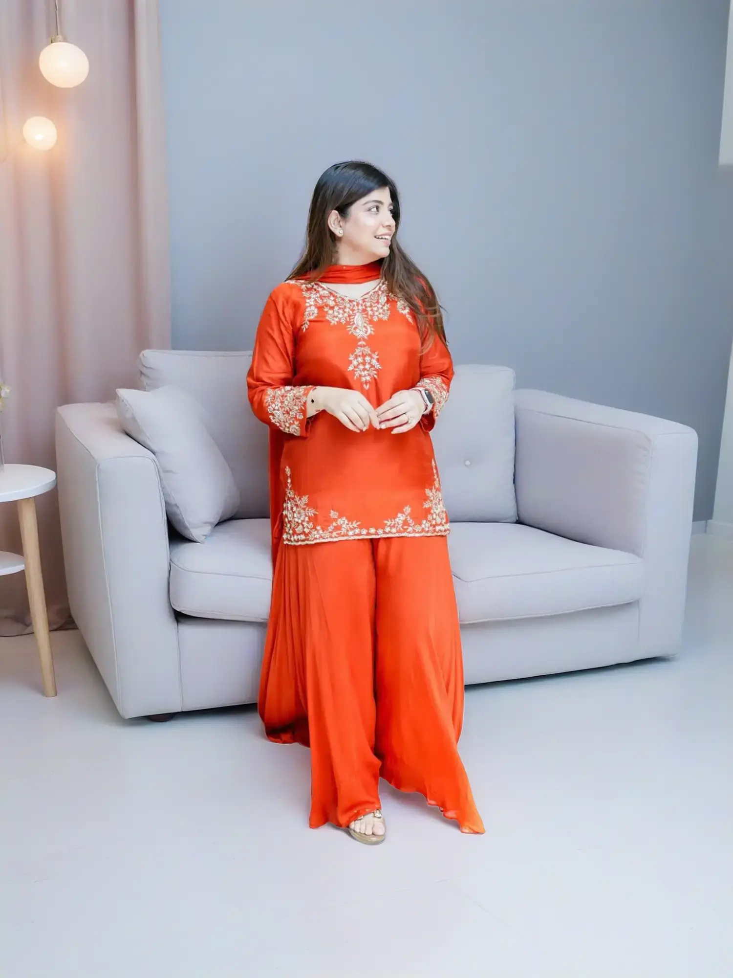 Women's 3-Piece Palazzo Set with Designer Handwork Mul Chanderi Fabric, Comfortable Regular Fit Ethnic Top with Chiffon Dupatta for Party Wear, All Seasons, Handwork Detail, V-Neck, Style, Festival, Lady, Breathable, Soft, Elegant, Bottom