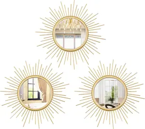 3-Piece Gold Sunburst Mirror Set – Decorative Metal Wall Mirrors for Bedroom, Living Room, Entryway