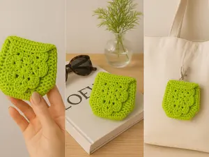 Cherie's Crochets Handmade Crochet Micro Purse 4.5"x4.5" Mini Pouch for Keys Lip Balm Cash Soft Yarn Floral Design Lime Green Black Custom Colors Gift for Her Cute Tiny Bag Boho Pocket Purse Summer Farmer's Market Vibe