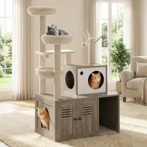 Vintage Cat Tree with Litter Box Enclosure, Modern Wooden Cat Tower with Condo Scratching Posts Perches for Indoor Cats