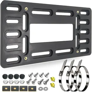 Front License Plate Bracket Holder - Universal Front Mounting Kit, Plastic Bumper Car Tag Adapter with Copper Threaded, with Screws Caps and Stainless Steel Zip Ties