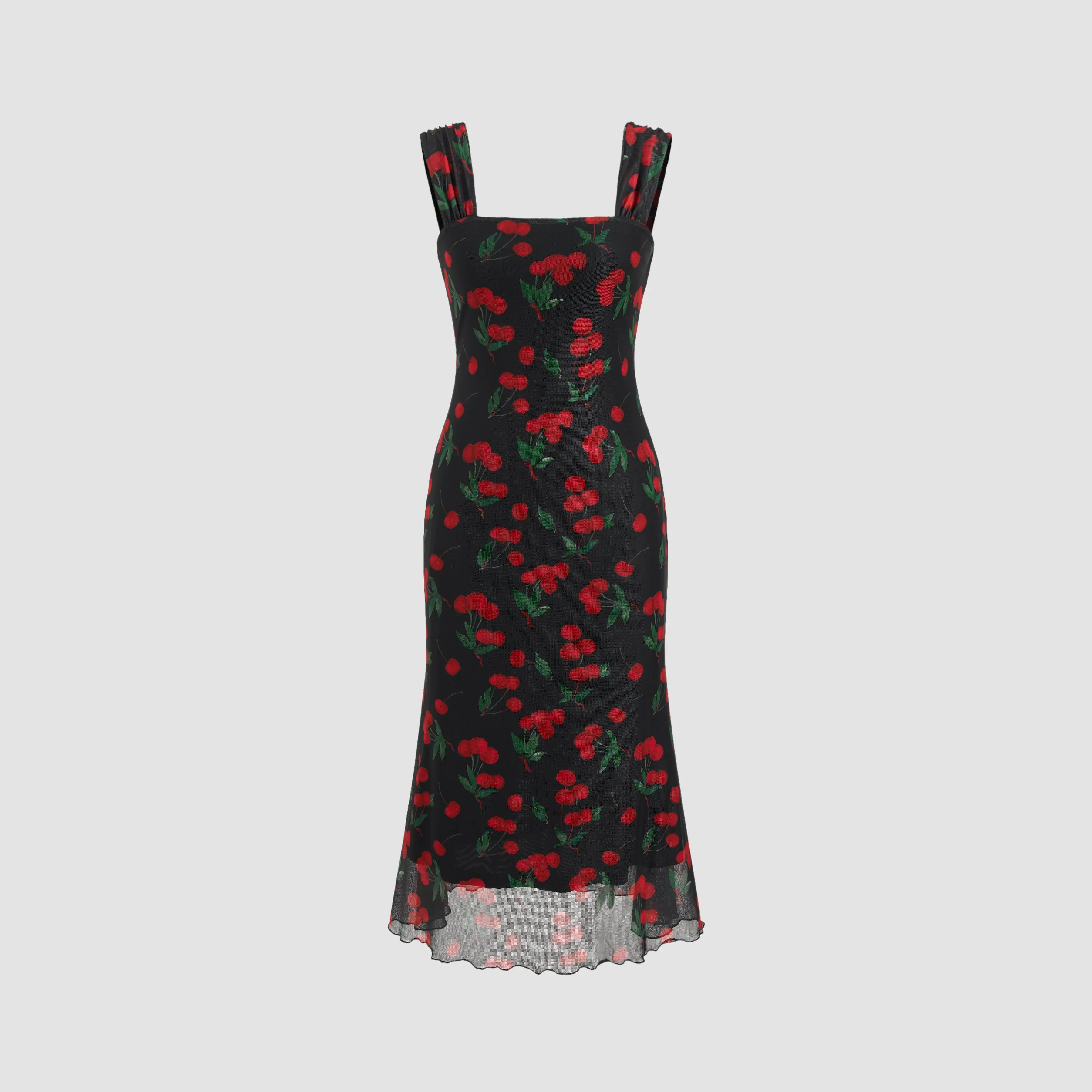 Cider [2 colors, size 0-26] Mesh Square Neck Cherry Lettuce Trim Maxi Dress SohoChic