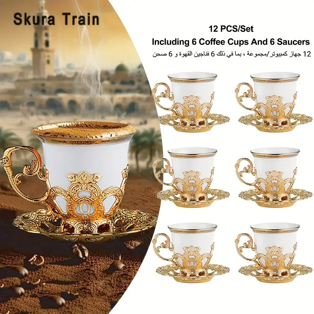 European Style Traditional Ceramic Coffee Cup and Saucer Set - 6 Cups, 6 Saucers, Classic Glam Home Decor, Light Luxury Gold-Edged Electroplated High-End Kitchen Drinkware