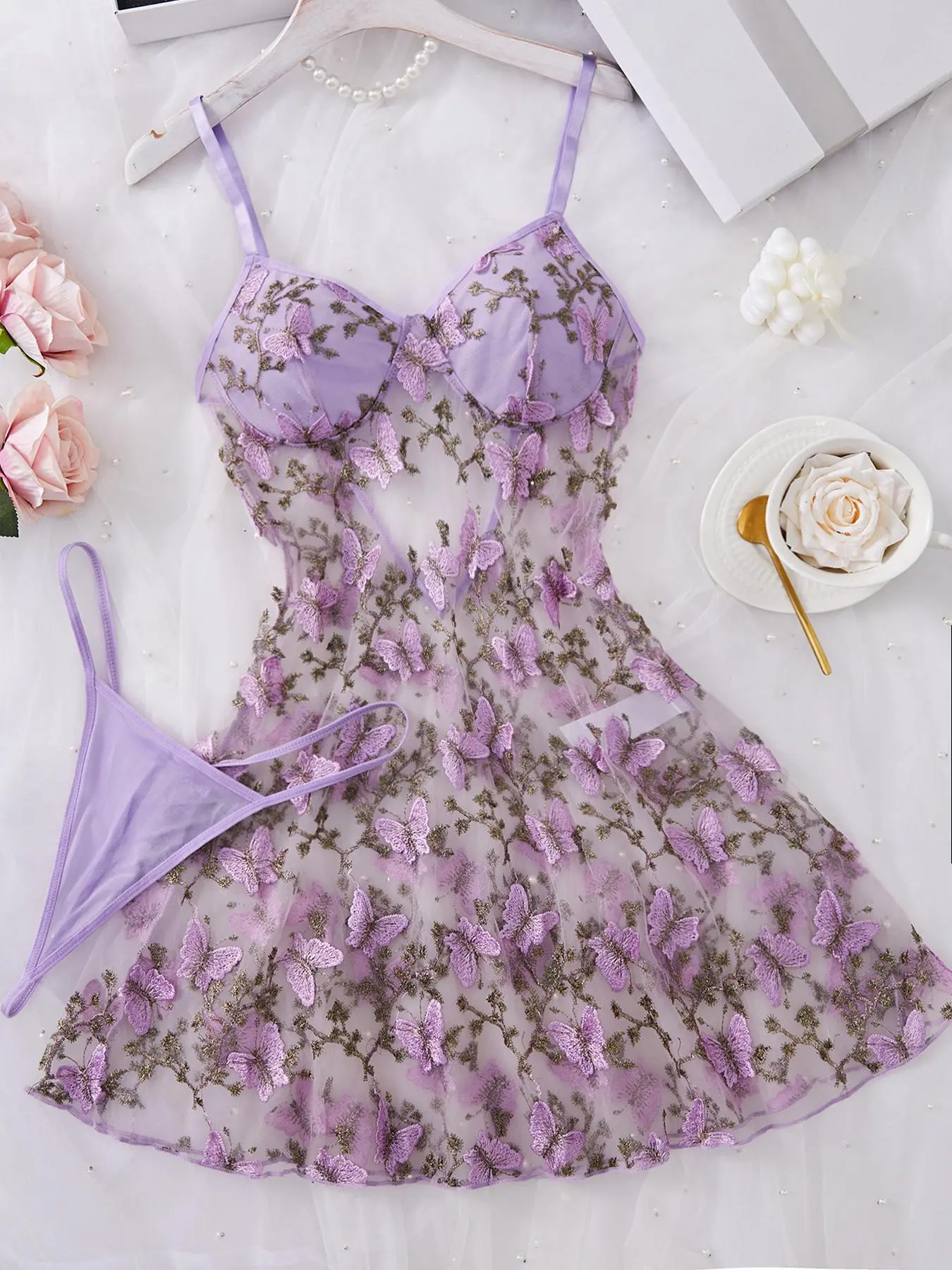 Women's Butterfly Embroidery Cami Spaghetti Strap Nightdress & Thong Sexy Feminine Lingerie Set Underwear, Comfy Breathable Fitted Elegant Nighty Dress Set, Ladies Sleepwear for All Seasons, Womenswear