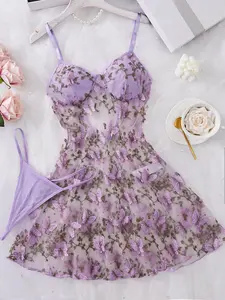 Women's Butterfly Embroidery Cami Nightdress & Thong Sexy Lingerie Set, Comfy Elegant Nighty Dress Set, Ladies Sleepwear for All Seasons