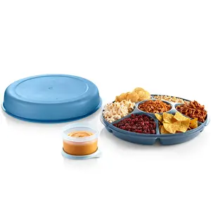 Tupperware Serving Center Set with Microwave Reheatable Dip Bowl for Fruit Vegetable Charcuterie Taco Tray Plastic 6 Compartment Tray with Lid for Indoor Outdoor Use