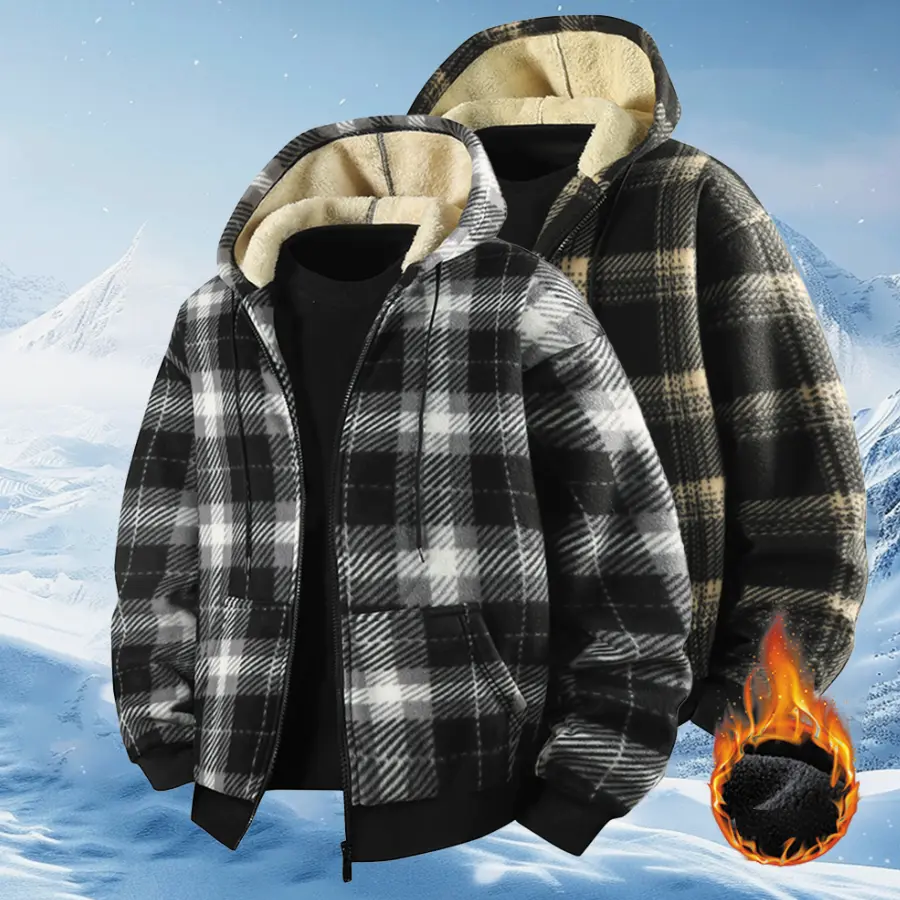 Men's Plaid Jacket Long Sleeve Hooded Fleece Lined Warm Casual Coat for Autumn Winter 2025 New Arrivals Medium Plaid Pattern Menswear eleven season 5 outfit