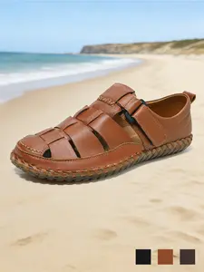 Men's Closed Toe Sandals,Cowhide Leather Whipstitch Fisherman Sandals,Soft Cushioned Lightweight Non-Slip Wide Width Breathable Slip-On Gladiator Sandals,Retro Summer Casual Beach Travel Hiking Athletic Outdoor Adventure Hiking Trail Sandals for Big Size