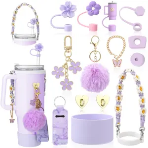 Stanley Cup accessories: silicone creative cup sleeve, butterfly chain pendant, rope, fur strap, pom-pom, key, flower, cap, cup lid