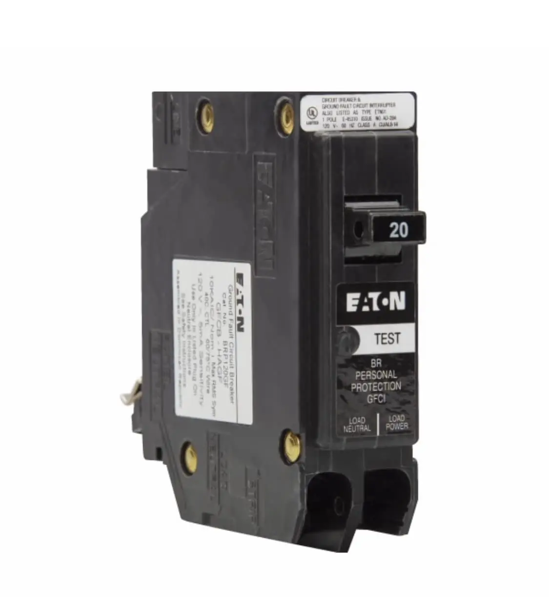 Eaton BRP120GF 20A Single-Pole 120V-240V GFCI Circuit Breaker Protector, 10 KAIC Fault Detection, UL Listed for Kitchens, Bathrooms, Crawl Spaces