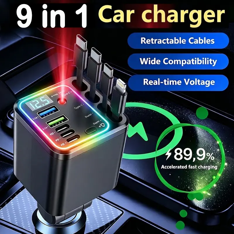 Retractable Automotive High Speed Charger - QC3.0&PD2.0, 150W Max Plastic Auto Accessory, 4 Retractable Cables, 5 Ports 9-in-1 Phone Charger, Smart Chip, LED Voltage Display, Lightning & Universal for iPhone&Android, Road Trip Essential