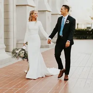 Modest Satin Mermaid Wedding Dress – Boat Neck, Long Sleeves, Back Button Details, Custom Train Options