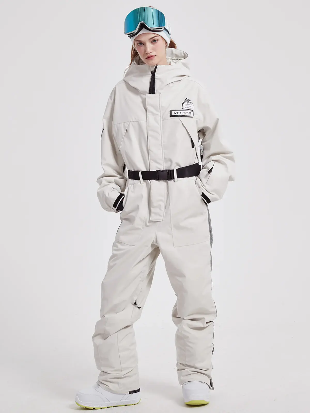 Women's Relaxed Fit Snow Jumpsuit, High Waisted 1-Piece Stretch Ski Suit, 20000mm Waterproof and Insulated for Snowboarding, Skiing, Abrasion Resistance: 15,000 Cycles, Adjustable Hood, Ankle Zippers, Breathability, Damp Wipe Only