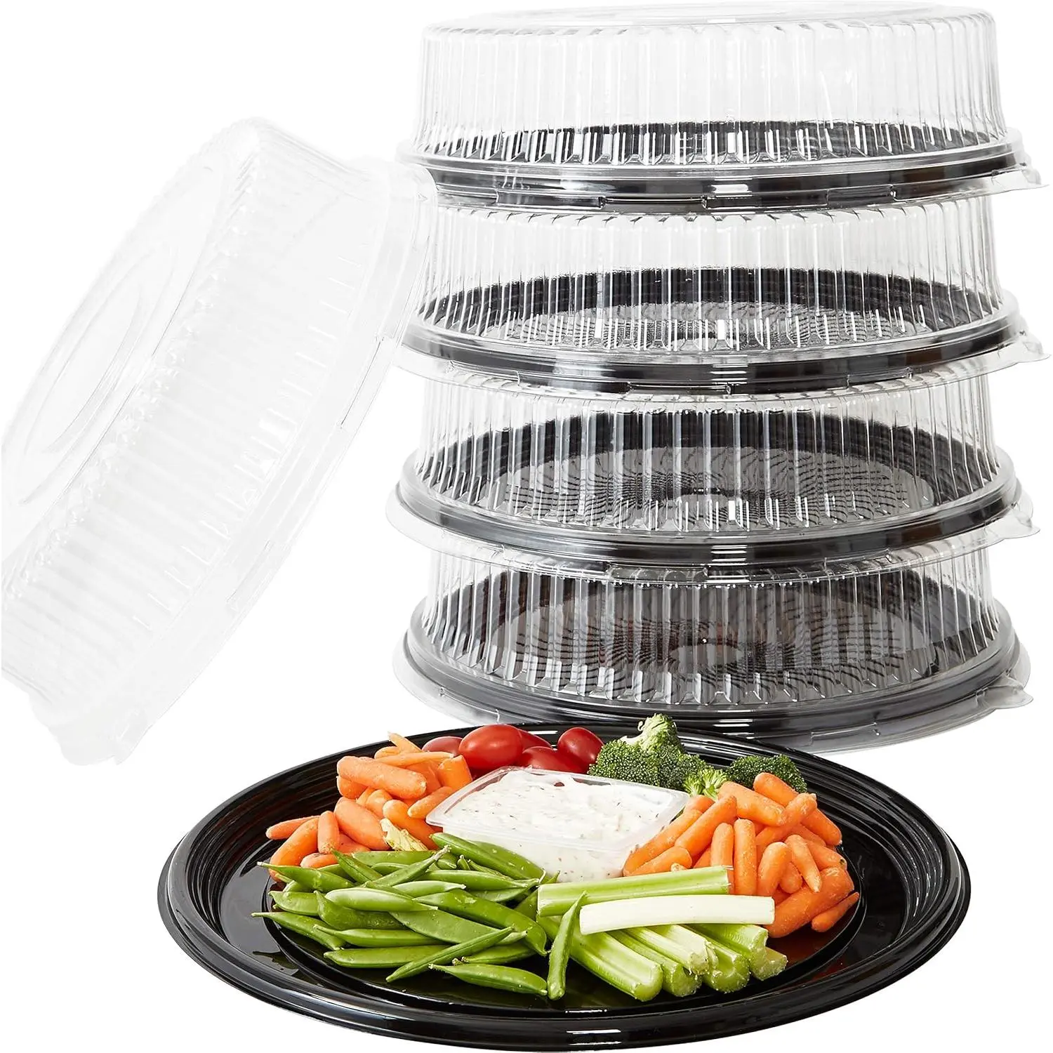 Heavy Duty, Recyclable 16 in. Serving Tray and Lid 5pk. Large, Black Plastic Party Platters with Clear  Dishware Plate, Elegant Round Banquet or Catering Trays for Serving Appetizers