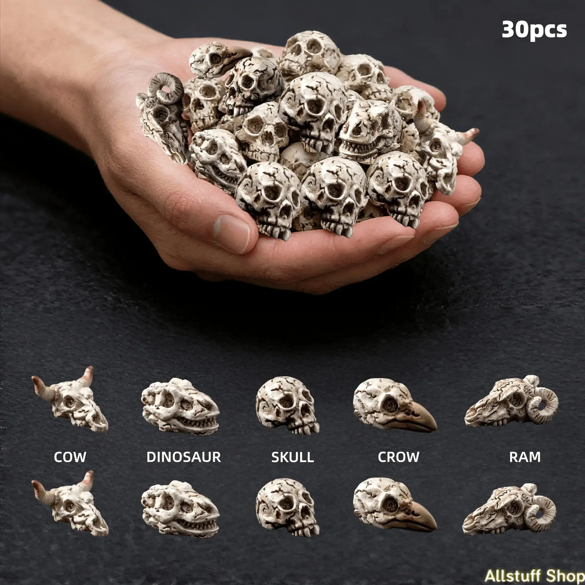 30PCS Gothic Resin Ornaments, Mini Animal Head Charms with Crow, Dinosaur & Cow for DIY Bag Accessories, Plant Pots, Spooky Party Decoration Set, Festive Decoration, Halloween, Miniature Things, Ram, Craft, Artificial, Decorative Charm, Spooky Fun, Orname