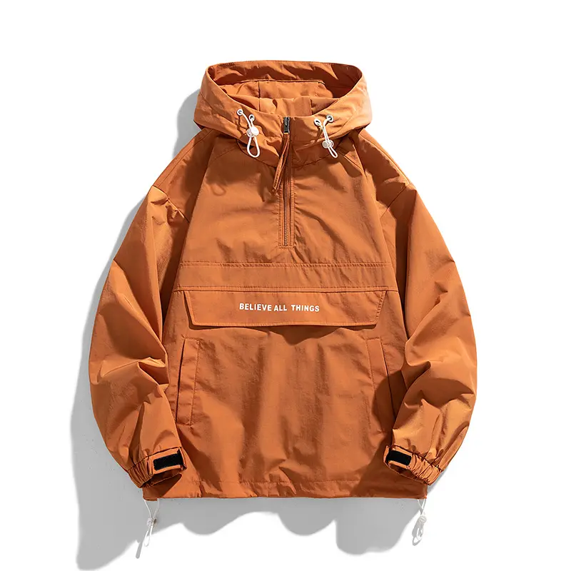 Men's Street Style Half-Zip Hoodie Coat - Menswear Tops, Long Sleeve, "BELIEVE ALL THINGS" Print, Relaxed Fit, Fashion Design, Ideal for Casual Wear, Trench, Street Wear, Day, Zipper, Bold Print, Half Zip For Warmth Control