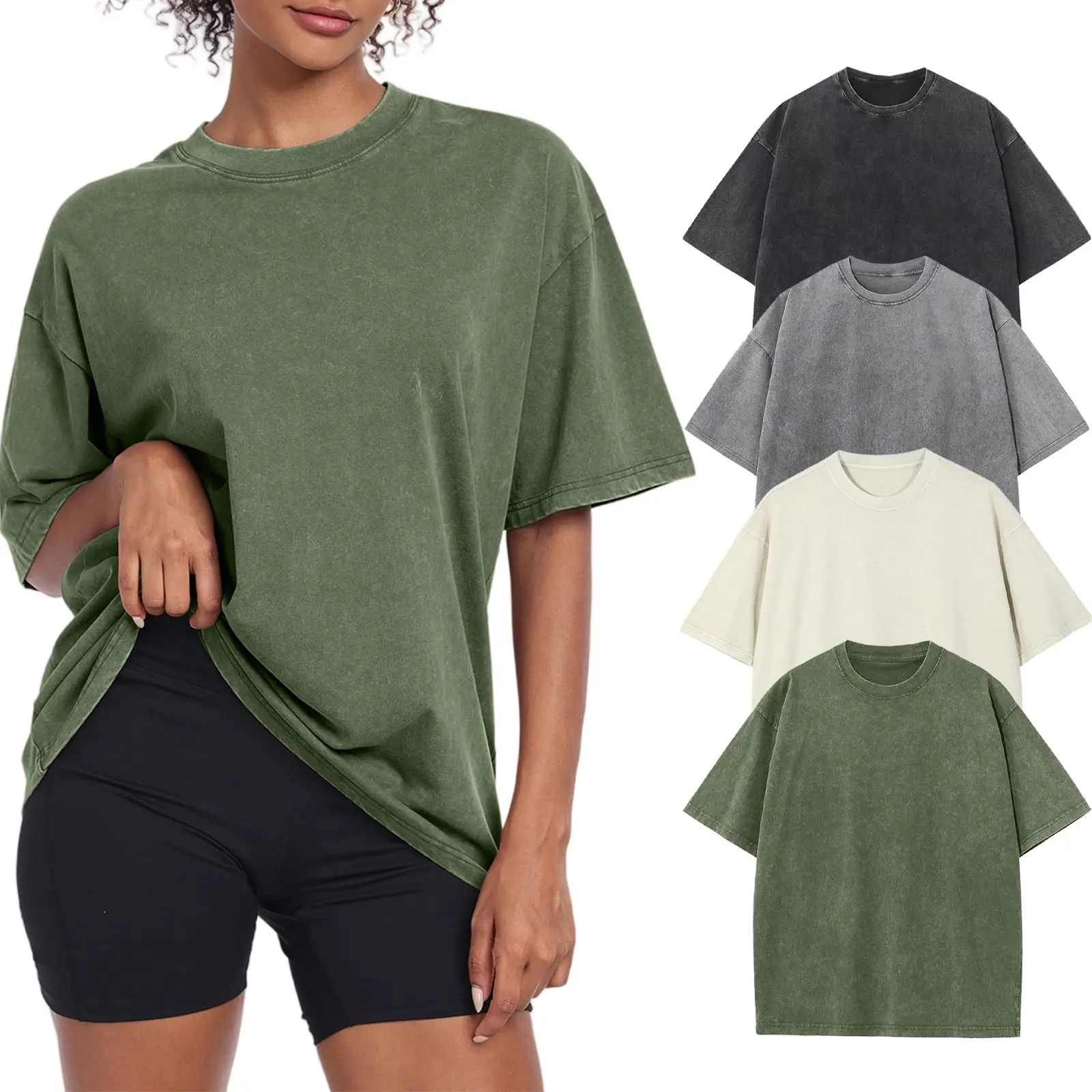 4 Pack Acid Wash Unisex Oversized Cotton T-Shirt Crew Neck Half Short Sleeve Summer Top Casual Loose Fit Solid Streetwear Comfortable Tees Basic Womenswear Shortsleeve Tshirt,back to school,back to school shopping