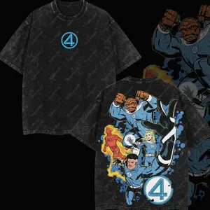 Superstyle "Fantastic 4" The First Superhero Family of MCU Fantastic Four MCU Edition Double Printed Oversize Lightweight Acid Washed Tee TV Series Graphic Design Top Cotton Streetwear Comic Superheroes T-Shirt Clothes Menswear Womenswear TZM A9U