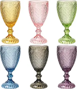 Colored Vintage Wine Glasses Set of 6, 10.5 oz Handcrafted Multicolor Embossed Goblets - Dishwasher Safe Colored Glass for Wedding, Party, Christmas & Everyday Use