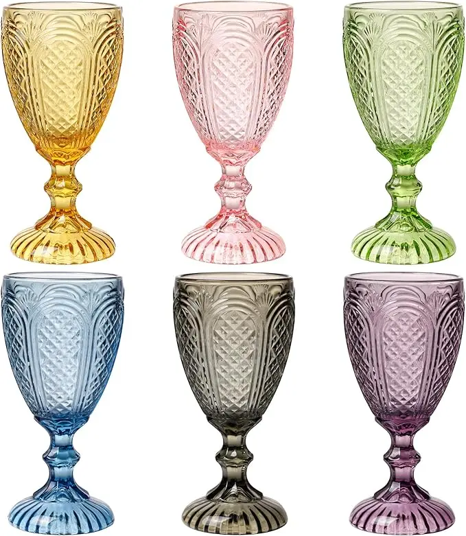 Summerwins 10.5 oz Luminous Heirloom Colored Vintage Embossed Handcrafted Glass Cup Set of 6 - Secure Grip, Silken Edge, Dishwasher Safe Goblets for Anniversary Dinners, Wedding Gift