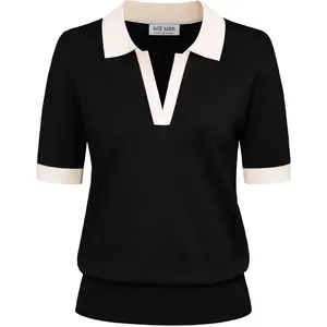 Women Short Sleeve Polo Sweater V Neck Knitted Tops Casual Ribbed Shirt Loose Pullover Sweater