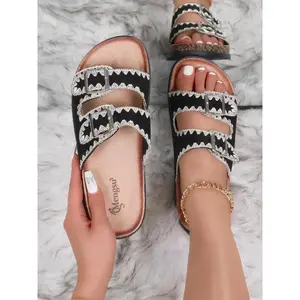 Women's Fashionable Colorblock Double Buckle Decorated Flat Slippers, Strap Slippers, Casual Comfortable Home Slippers for Summer, Ladies Slippers, Non-slip Slippers for Indoor and OutdoorGift