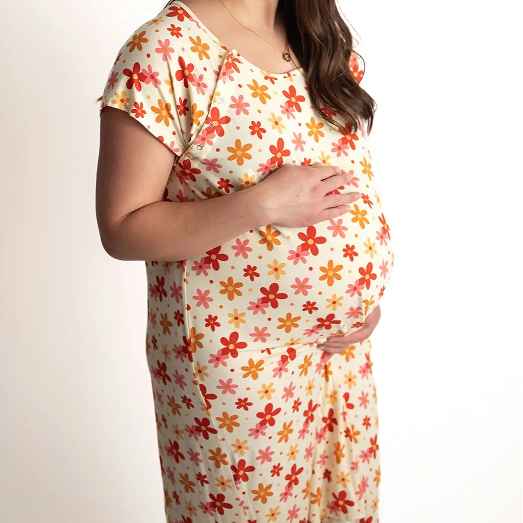 Plus Size Three Little Tots 70s Groovy Floral Labor and Delivery Nursing Hospital Gown with Easy Open Snaps