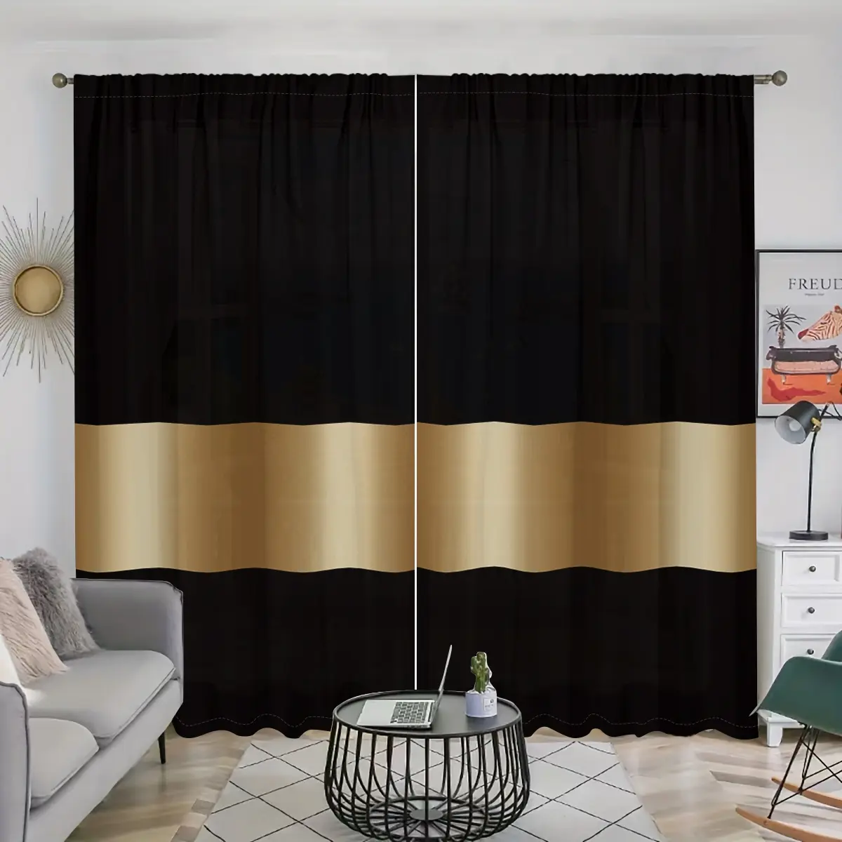 2 pieces, modern black gold striped printed curtains, Home decorative curtain, Window drapes, pole pocket style, semi sunshade polyester fiber, suitable for home decor, anti privacy, easy to clean