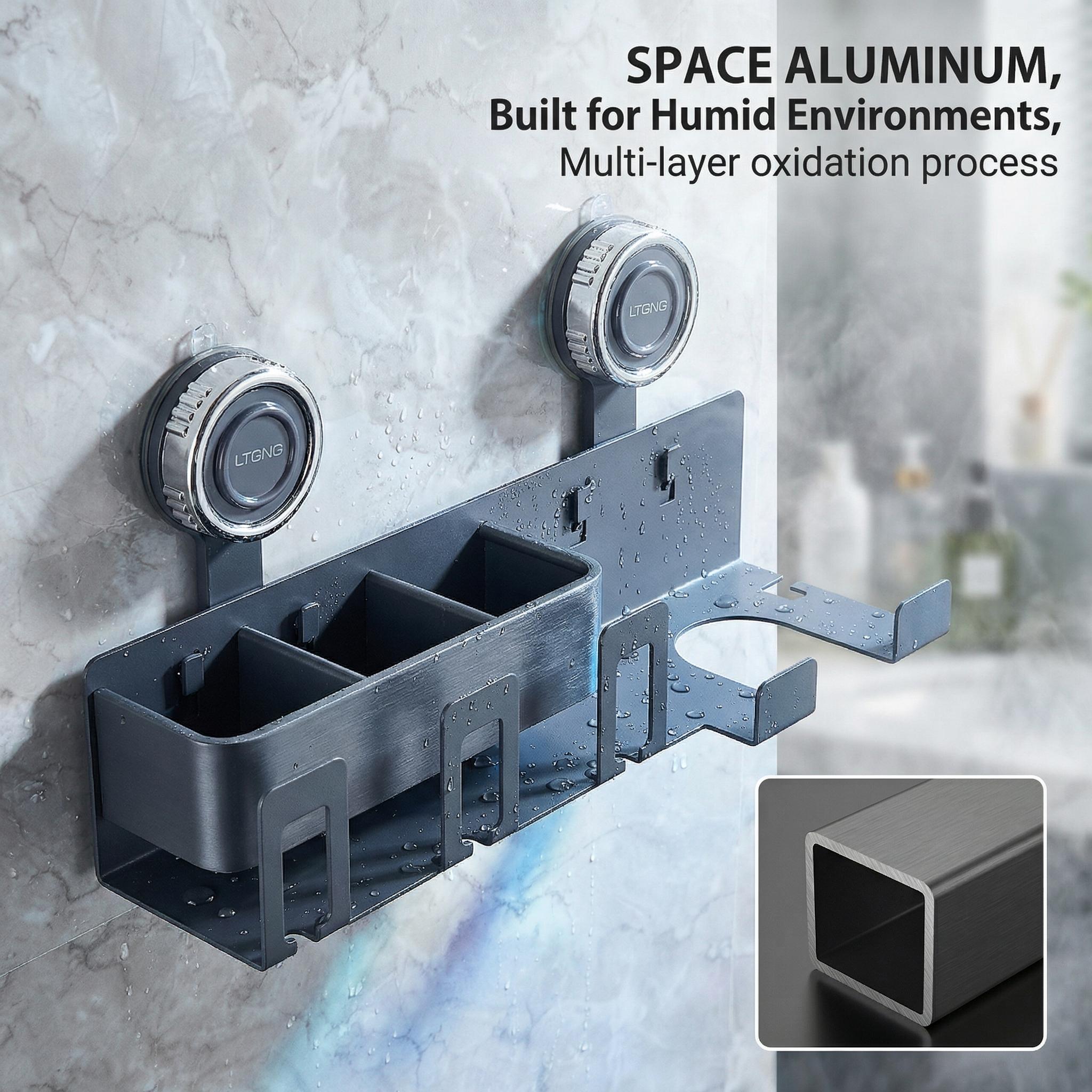 No Drill Suction Cup Hair Dryer Holder, Space Aluminum Bathroom Organizer with Toothbrush Storage, Strong Load-Bearing Wall Mount Rack for Renters