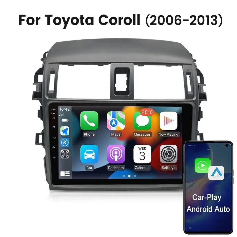 Hizpo 2Din 9 Inch Capacitive Car Touchscreen Android Car Stereo - 4-Core A53 1.5GHz, DC 12V, Toyota Corolla 2006-2013 Fit, GPS Navigation, CarPlay, Change Apps-Icon Position, Built-in WiFi Modem, DAB+ Ready, Network-Provided Time, Main Menu Status Bar, 4C