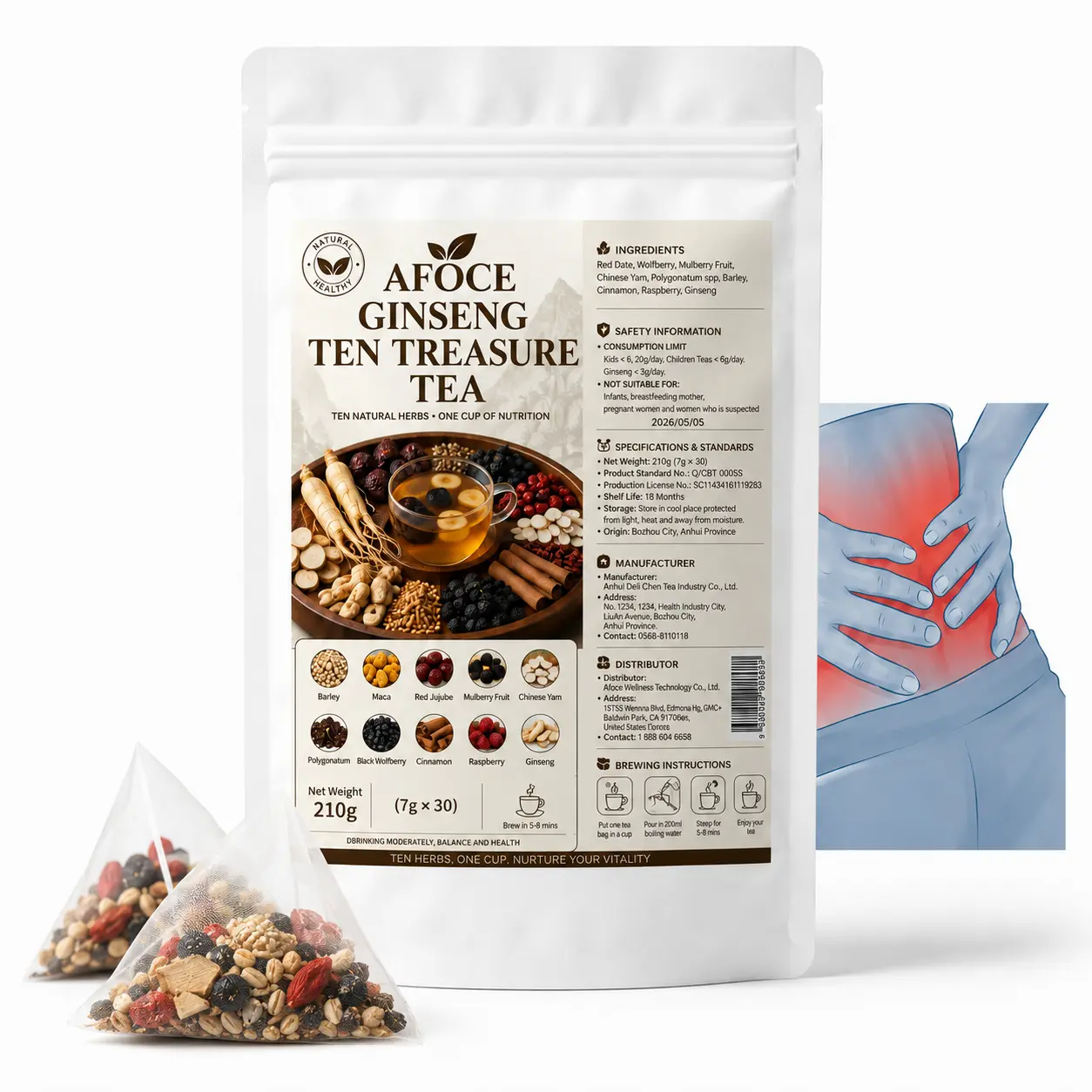 AFOCE Kidney Tea Formula, Ginseng 10 Treasure Tea for Men, Organic Herbal Tea with Red Date, Wolfberry, Mulberry & Maca, 30 Tea Bags, 210g