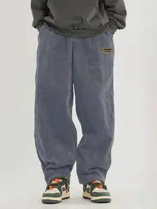 Men's Plain Drawstring Waist Corduroy Pants, Drippy Outfits, Casual Letter Patched Straight Leg Trousers for Outdoor, National Day Clothing, Going Out Outfit, Back-To-School, Cuffed Drawstring Pants