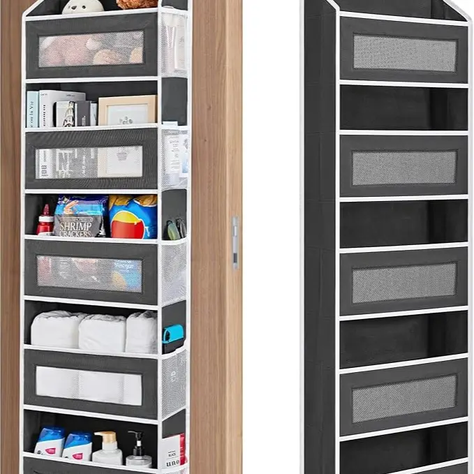 1 Pack Grey 5-Tier Over The Door Organizer (Home Supplies) - 5 Shelves, 10 Pockets, 48 lbs Capacity, Heavy Duty Anti-Tilt Design, Clear Window, Hooks, Foldable, Ample Storage, Family-Friendly for Bathroom Kitchen