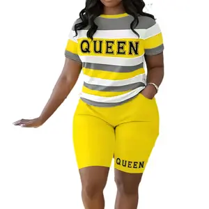 Plus Size QUEEN Printed Biker Shorts Set - Crew Neck Short Sleeve Top With Pockets And High Waisted Pocket Shorts - Medium Stretch Polyester, Machine Washable, Women's Athleisure Wear Casual Clothes