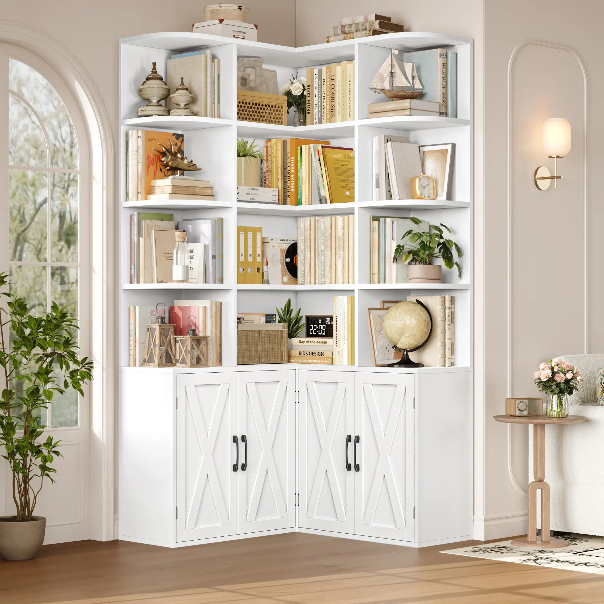 FOTOSOK 74" Tall Corner Bookshelf, Bookshelf with Doors, Corner Bookcase Farmhouse Book Shelf Storage Cabinet for Home Offic, #Summervibes