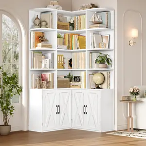FOTOSOK 74" Tall Corner Bookshelf, Bookshelf with Doors, Corner Bookcase Farmhouse Book Shelf Storage Cabinet for Home Office