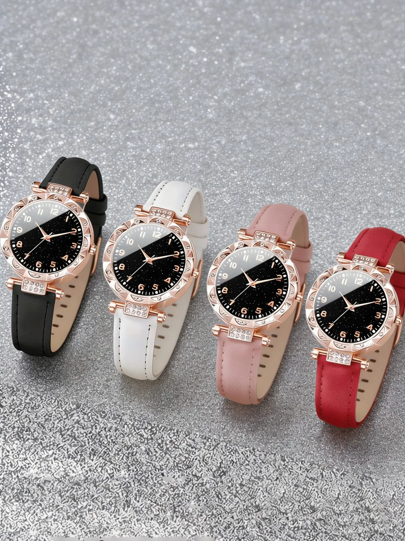 A set of four fashionable casual trendy wristwatch quartz watches for women featuring Arabic numerals and leather straps, Analog wristwatches