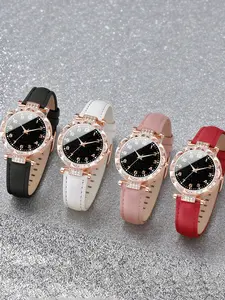 A set of four fashionable casual trendy wristwatch quartz watches for women featuring Arabic numerals and leather straps, Analog wristwatches