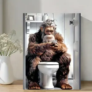 A Wrapped Solid Wood Frame, Poster, Funny Print Design, Funny Bigfoot in the Toilet, Suitable for Bigfoot Enthusiasts' Art Mural, Bedroom, Office, Living Room, Cafe, Bar, Bathroom Wall Decoration