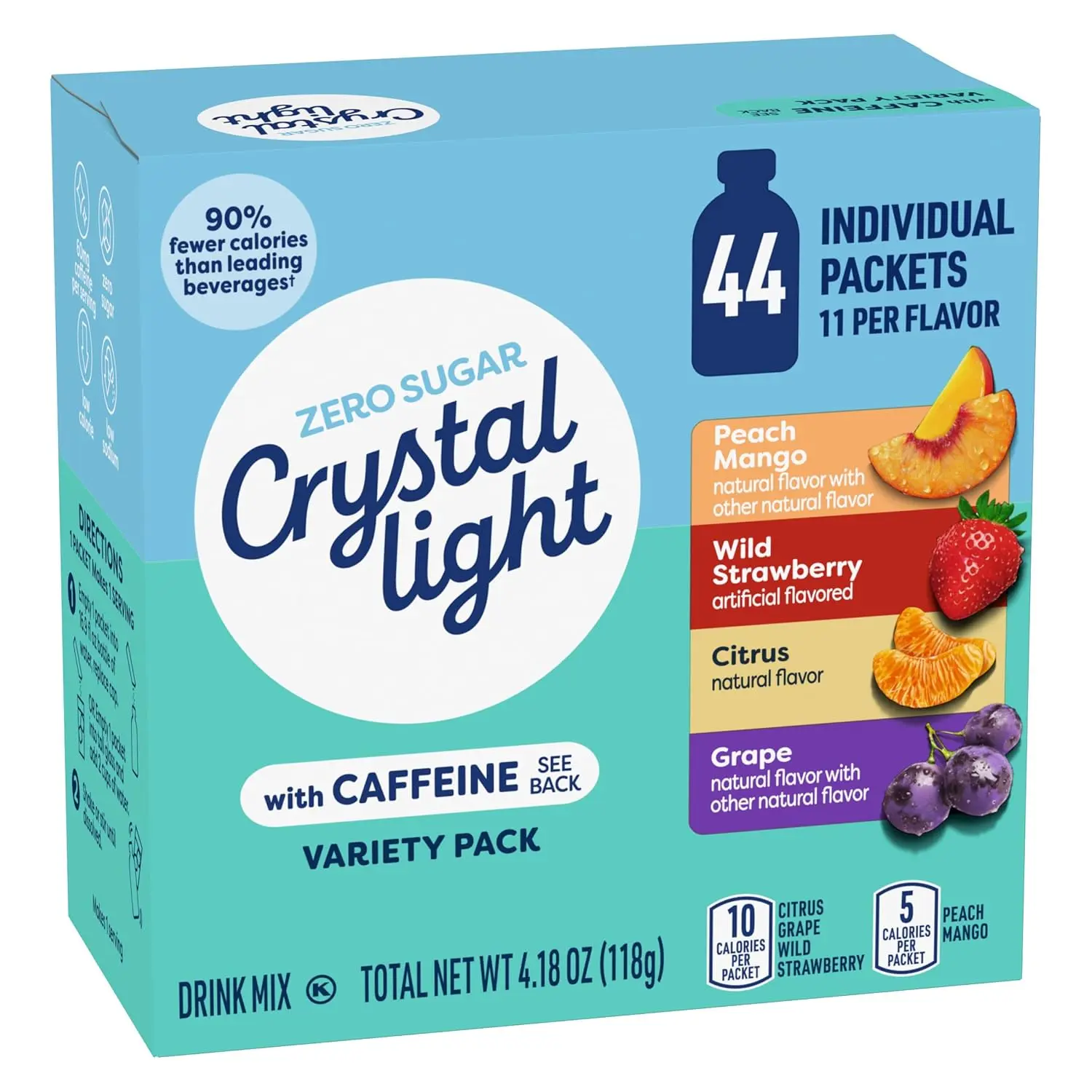 Crystal Light Energizing Drink Mix with Caffeine Variety Pack, 44 Packets for On-the-Go Hydration, Peach Mango, Wild Strawberry, Citrus, Grape, Naturally and Artificially Flavored, Zero Sugar, 4.18 oz Beverage Juice