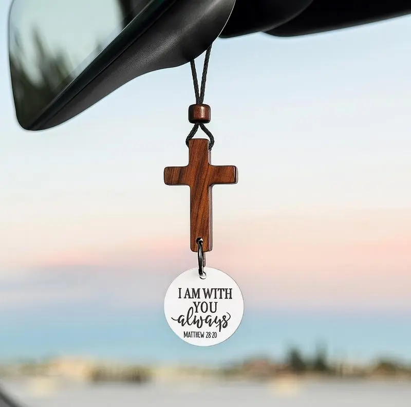 Bible Verse Car Hanging Cross – Handcrafted Wooden Rearview Mirror Ornament with Scripture Message & NFC Function, Christian Vehicle Decor, Meaningful Gift for Holidays & Birthdays, Car Accessories