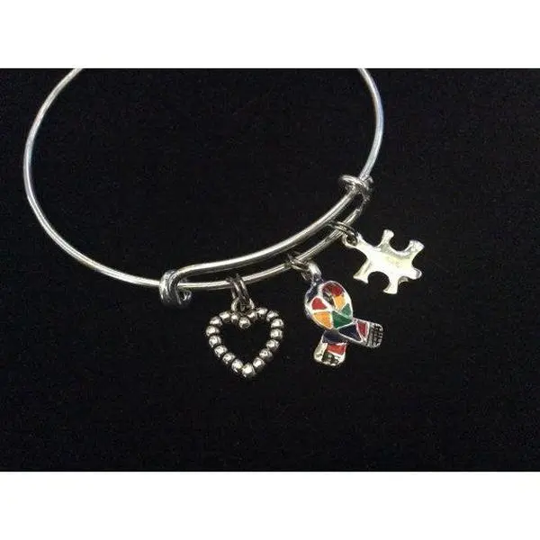 Autism Silver Puzzle Piece Awareness Ribbon Expandable Charm Bracelet Adjustable Wire Bangle Expandable Gift